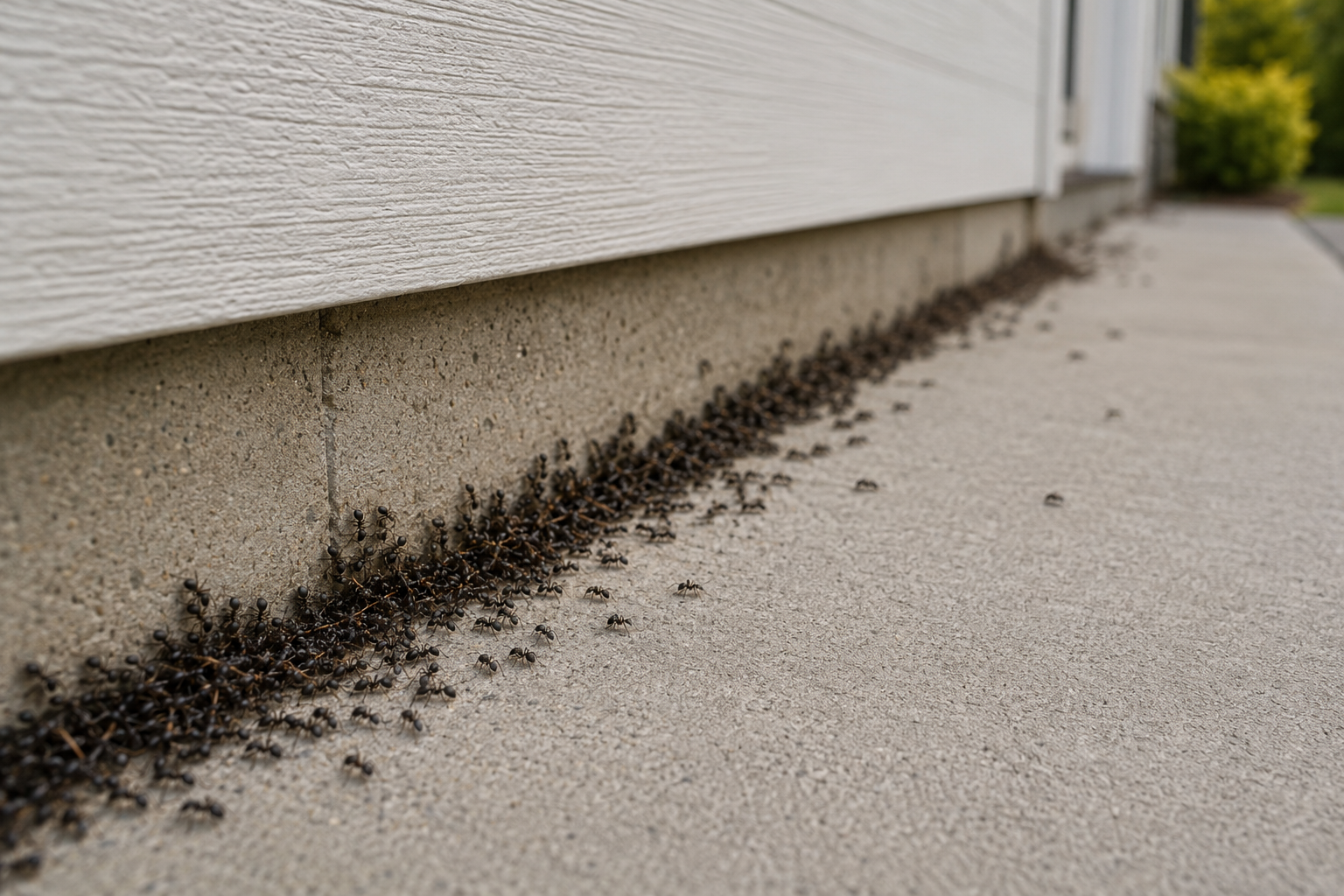 Ant activity trailing along a home foundation and siding — Alberta seasonal insect pressure