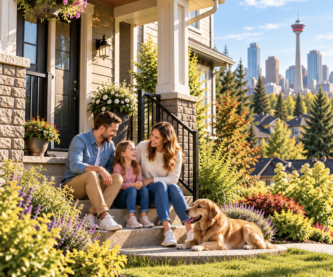 Family and their dog outside a Calgary home with the Calgary Tower in the distance