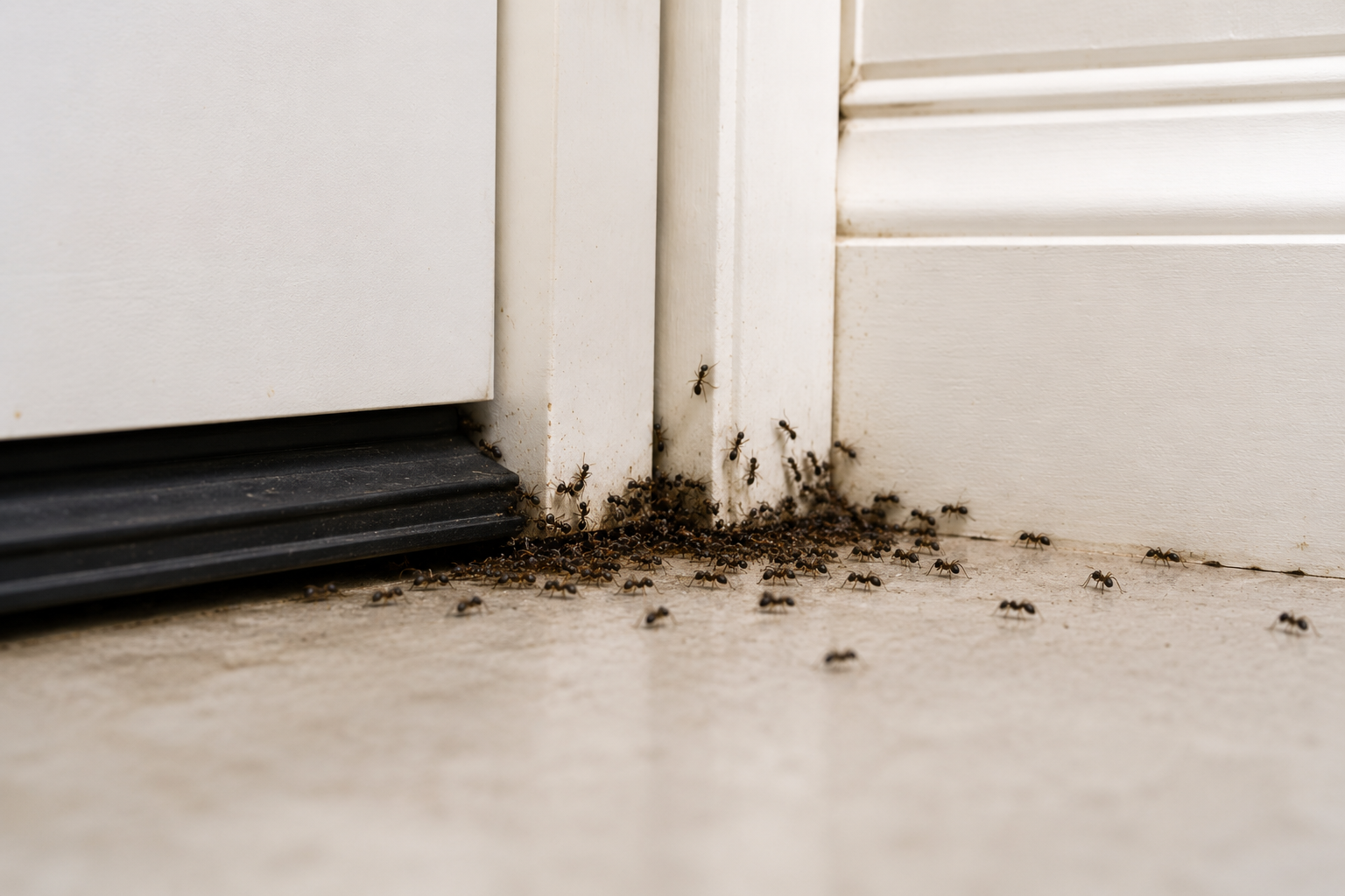Ant activity trailing along an interior door frame and threshold.