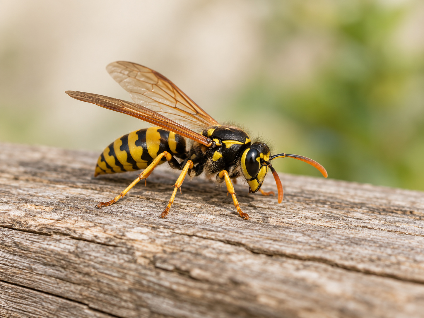Close view of a wasp on wood