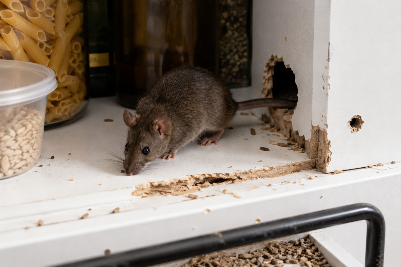 Rat inside an Edmonton pantry near chewed cupboard damage and stored food