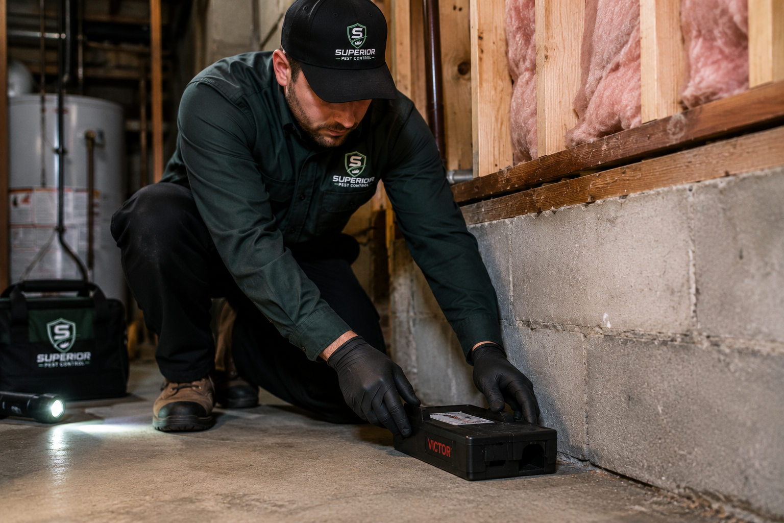 Superior Pest Control technician placing a tamper-resistant rodent station along an Edmonton basement foundation
