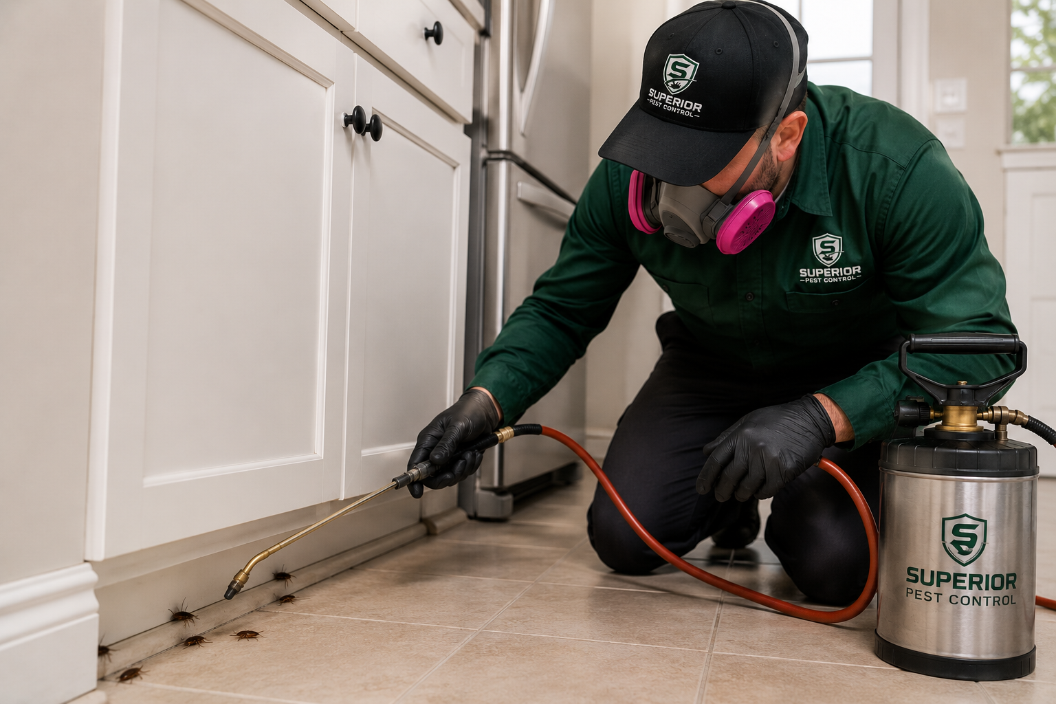 Superior Pest Control technician performing targeted crack-and-crevice treatment along kitchen cabinetry
