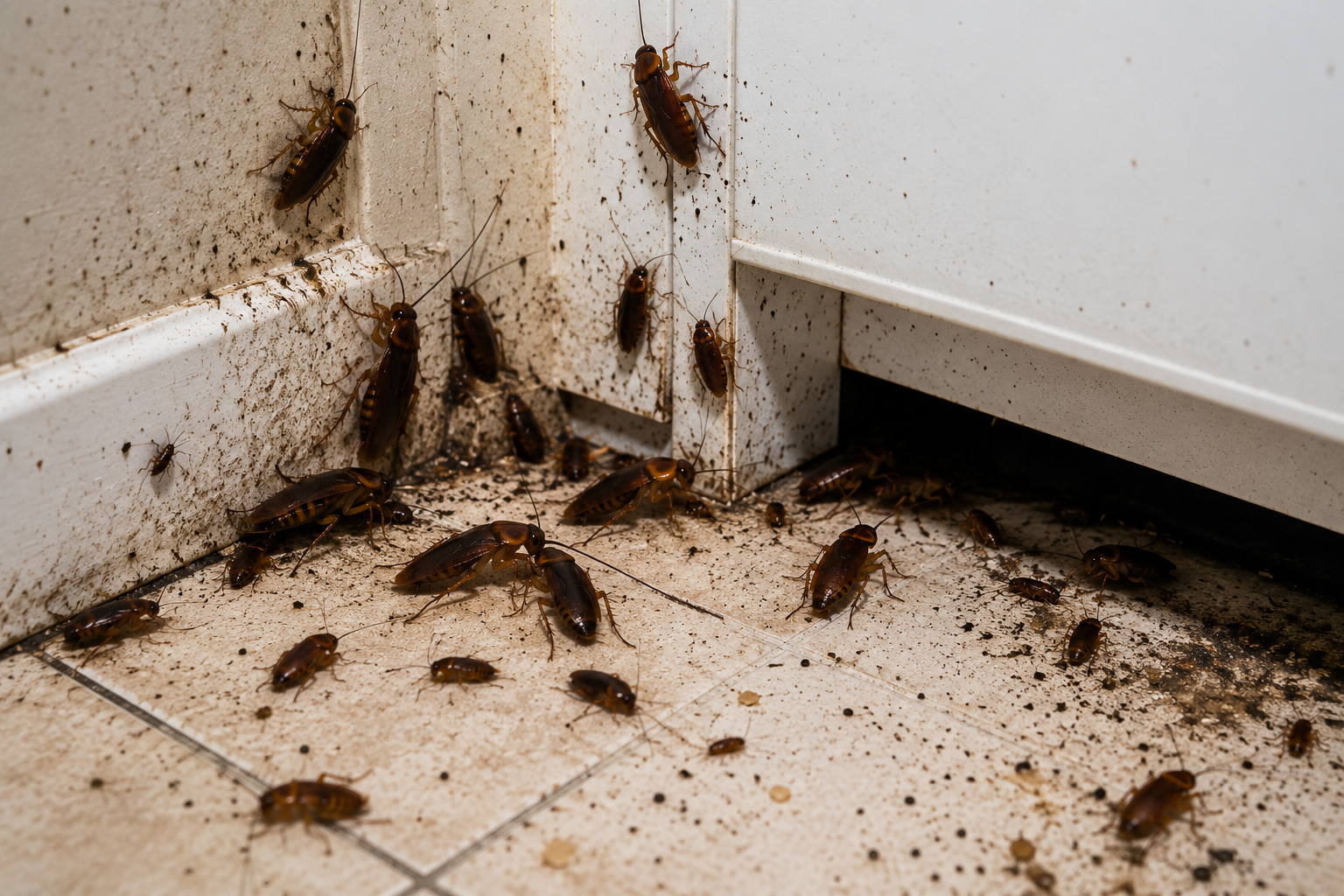 Cockroaches clustered in a corner with droppings on cabinetry and floor