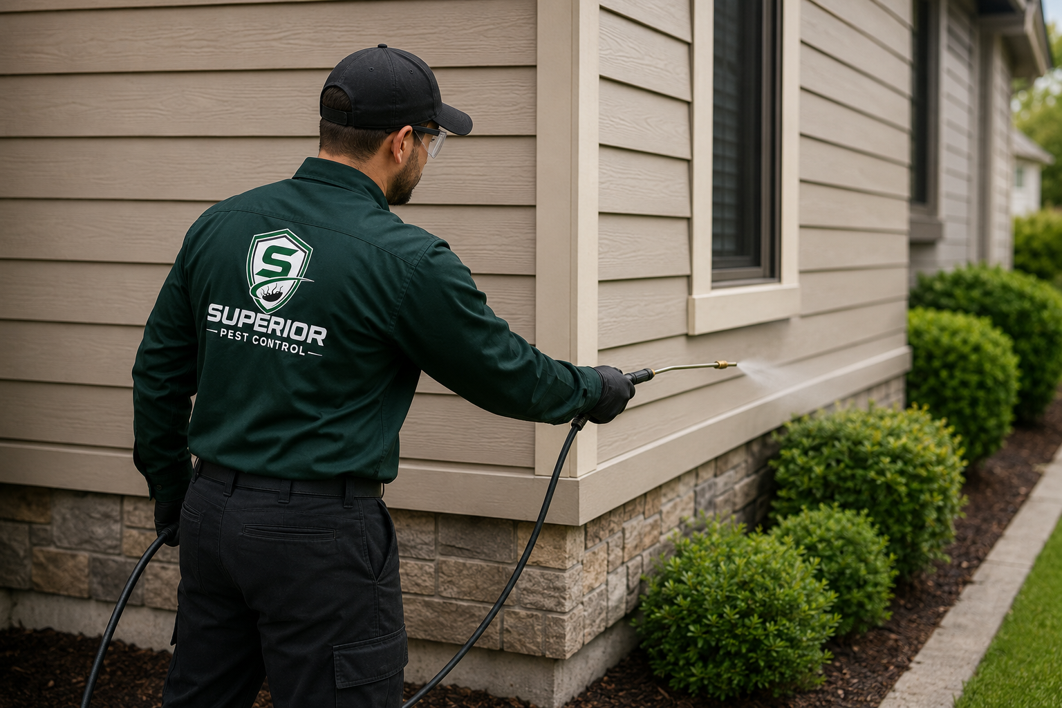 Superior Pest Control technician spraying a home exterior during a scheduled Insect Defence visit