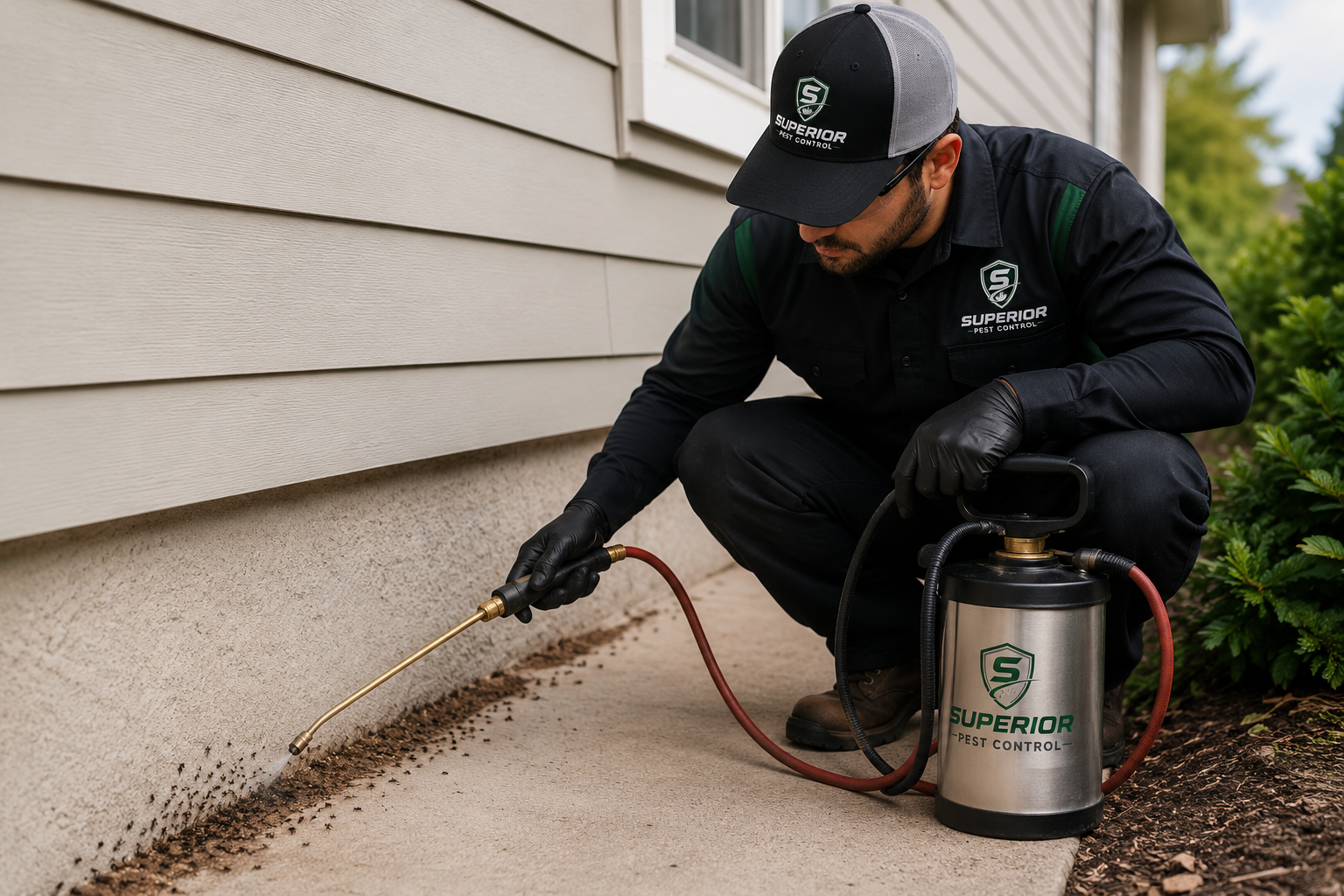 Superior Pest Control technician inspecting an Edmonton home for ant activity.