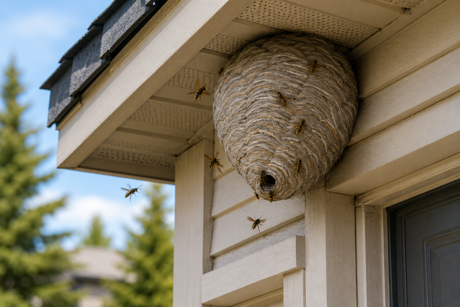 Close-up of an active grey paper wasp nest built under a residential soffit in Edmonton