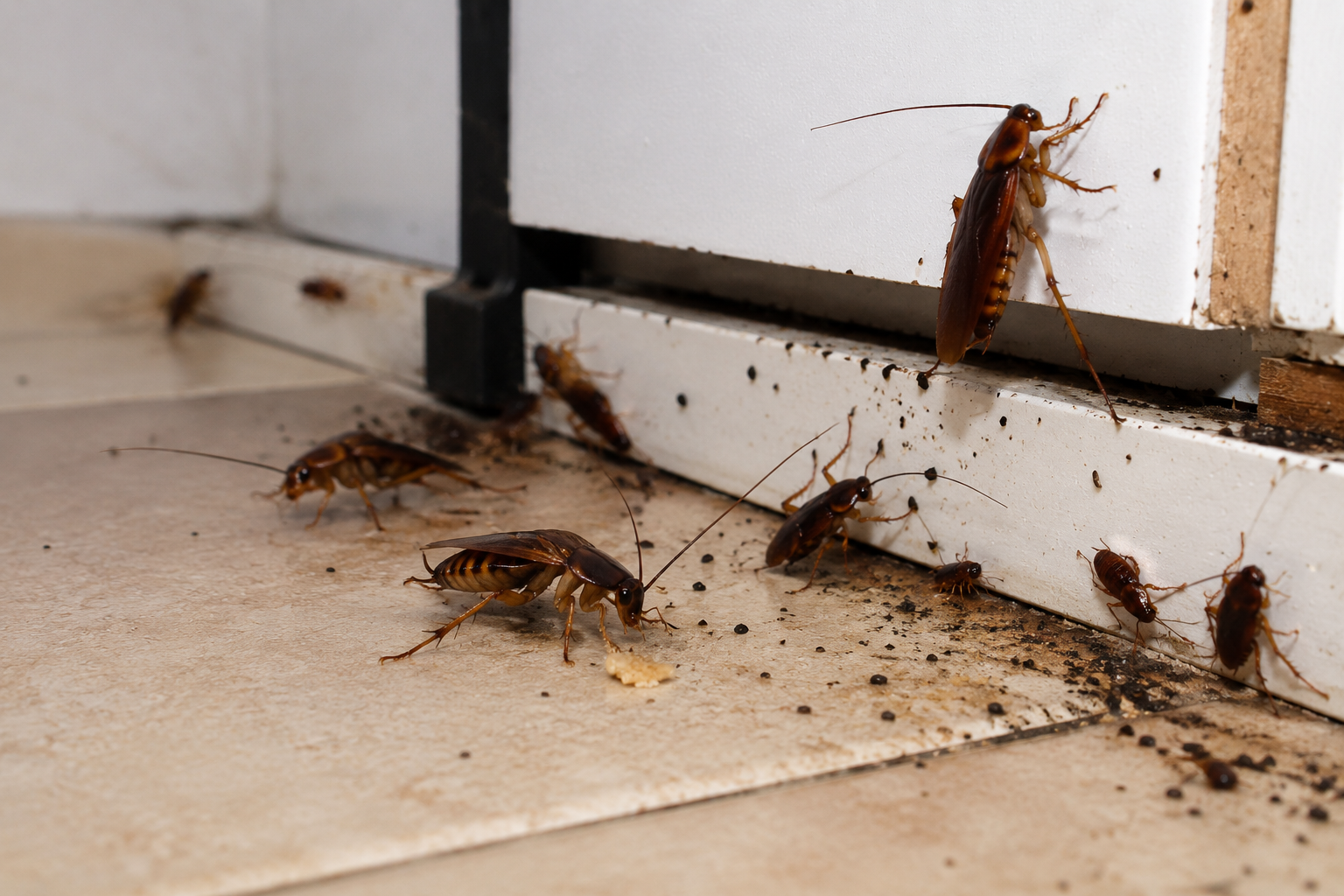 Cockroach activity concentrated along a baseboard and appliance edge