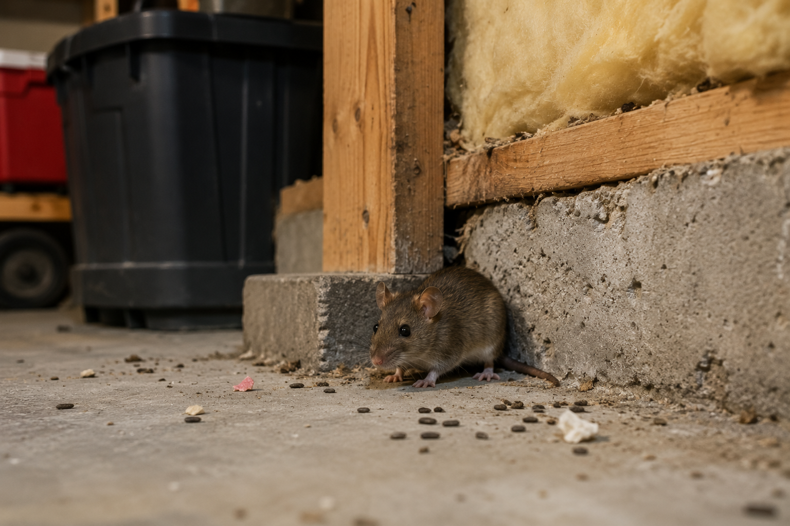 Mouse near a damaged foundation and insulation showing droppings on the floor of an Edmonton garage