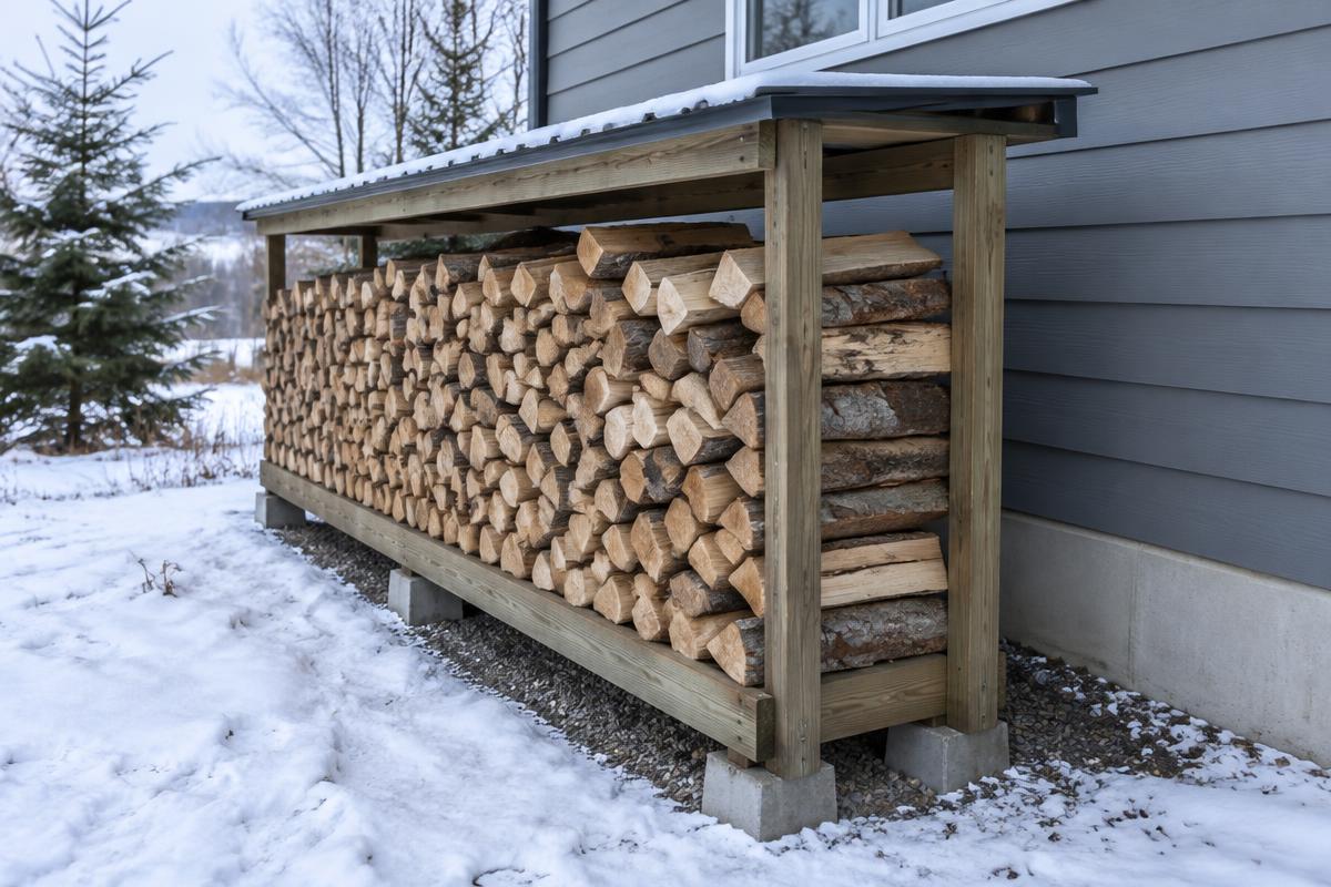 Illustrative split firewood on a raised covered outdoor rack with snow nearby