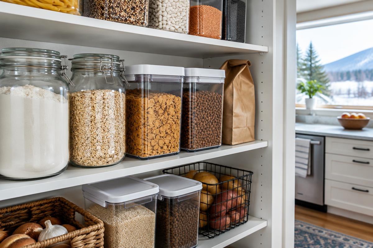 Illustrative pantry shelves with dry foods in closed glass and plastic containers