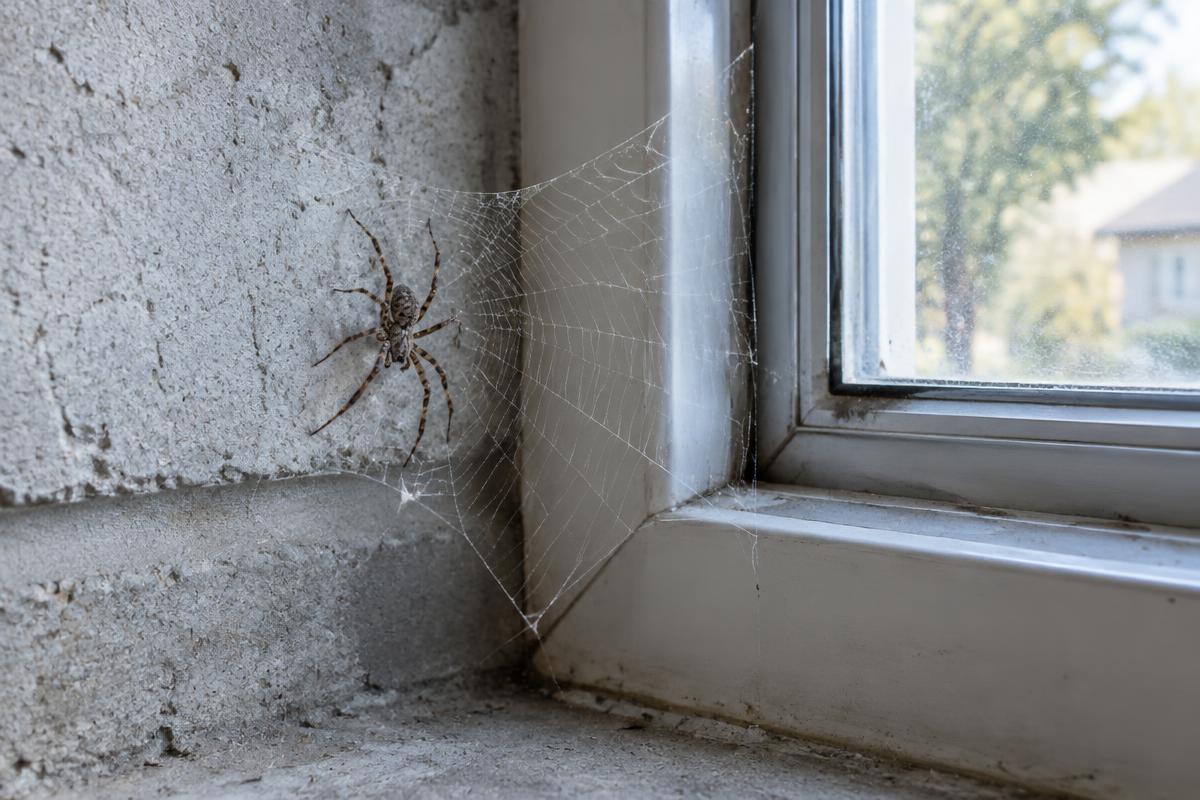 Illustrative house spider beside a web in an indoor window corner
