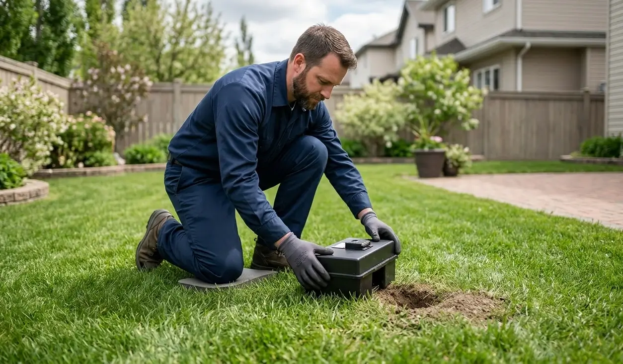 Pest control technician placing humane trap near burrow entrance in residential Alberta backyard for vole and gopher control