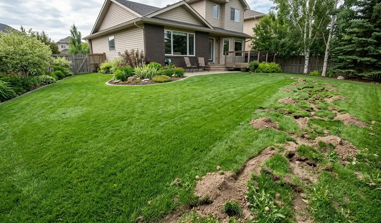 Comparison of healthy green lawn and damaged yard affected by underground tunneling from voles and gophers in Alberta